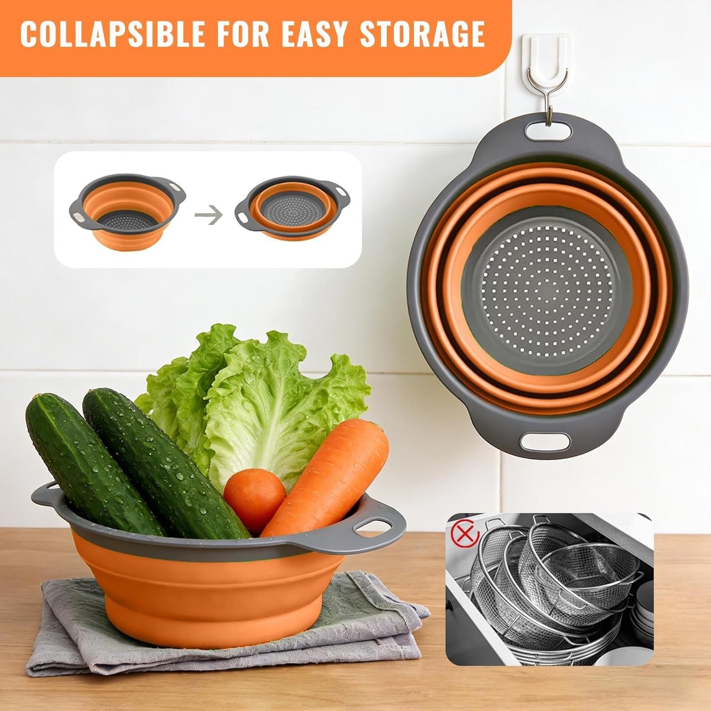 Collapsible Colander Set of 2, Space Saving Foldable Kitchen Strainer Baskets with Non-Slip Base, Thickened PP+TPE Collapsible Strainers for Pasta, Vegetables, Fruits, Rice (Green)