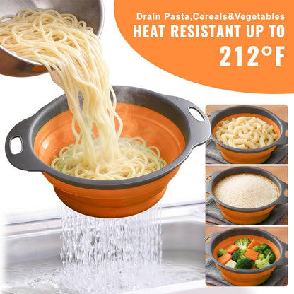 Collapsible Colander Set of 2, Space Saving Foldable Kitchen Strainer Baskets with Non-Slip Base, Thickened PP+TPE Collapsible Strainers for Pasta, Vegetables, Fruits, Rice (Green)