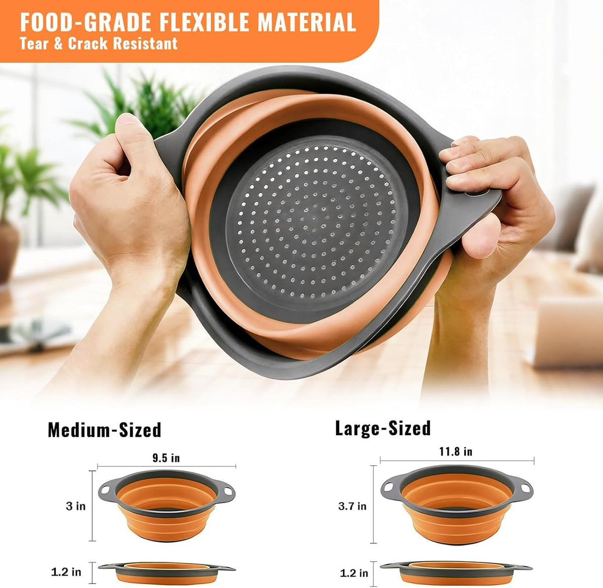 Collapsible Colander Set of 2, Space Saving Foldable Kitchen Strainer Baskets with Non-Slip Base, Thickened PP+TPE Collapsible Strainers for Pasta, Vegetables, Fruits, Rice (Green)