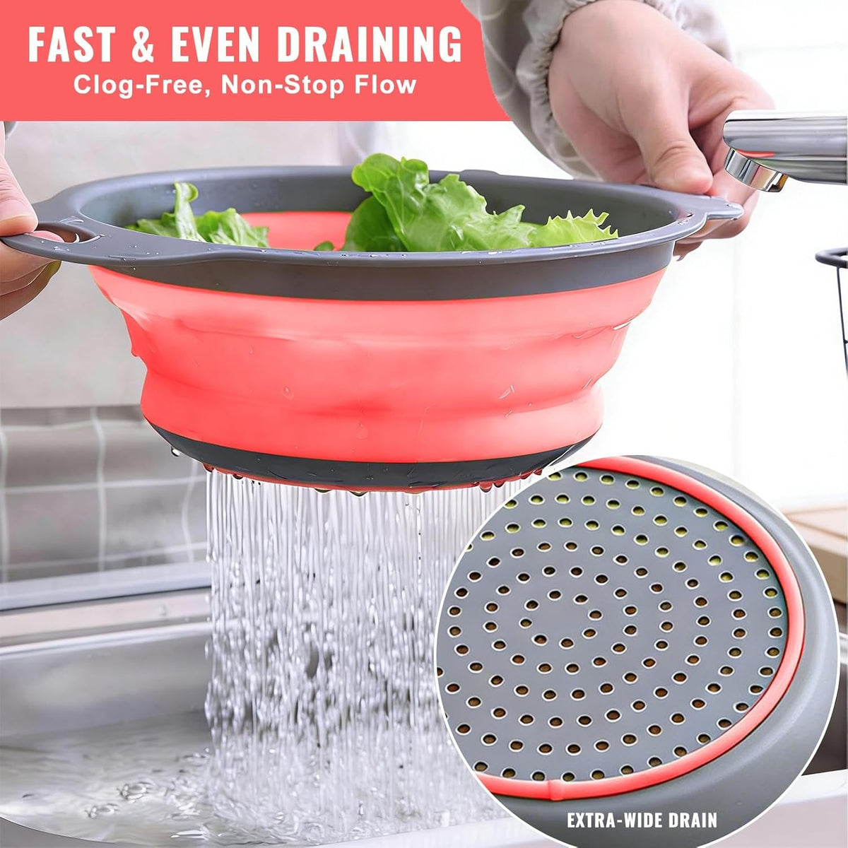 Collapsible Colander Set of 2, Space Saving Foldable Kitchen Strainer Baskets with Non-Slip Base, Thickened PP+TPE Collapsible Strainers for Pasta, Vegetables, Fruits, Rice (Green)