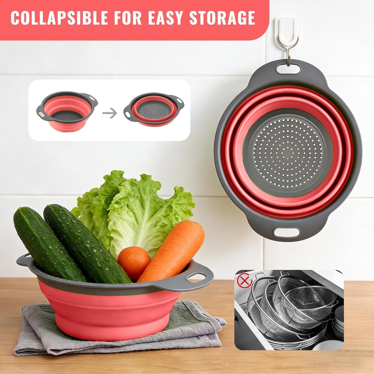 Collapsible Colander Set of 2, Space Saving Foldable Kitchen Strainer Baskets with Non-Slip Base, Thickened PP+TPE Collapsible Strainers for Pasta, Vegetables, Fruits, Rice (Green)