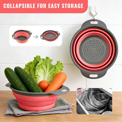 Collapsible Colander Set of 2, Space Saving Foldable Kitchen Strainer Baskets with Non-Slip Base, Thickened PP+TPE Collapsible Strainers for Pasta, Vegetables, Fruits, Rice (Green)