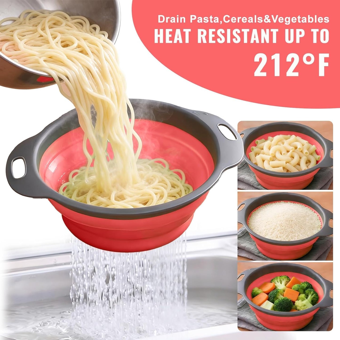 Collapsible Colander Set of 2, Space Saving Foldable Kitchen Strainer Baskets with Non-Slip Base, Thickened PP+TPE Collapsible Strainers for Pasta, Vegetables, Fruits, Rice (Green)