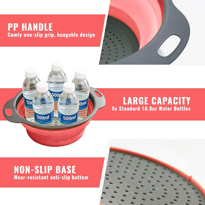 Collapsible Colander Set of 2, Space Saving Foldable Kitchen Strainer Baskets with Non-Slip Base, Thickened PP+TPE Collapsible Strainers for Pasta, Vegetables, Fruits, Rice (Green)
