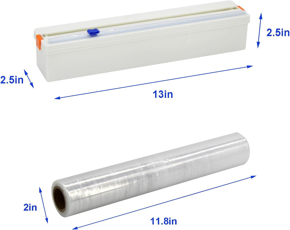 Household Reusable Refillable Plastic Wrap Dispenser with Slide Cutter, Food Wrap Stretch Clear Cling Wrap 12 Inch×328 Ft (1Cutting Box + 1 Cling Film)
