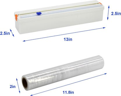 Household Reusable Refillable Plastic Wrap Dispenser with Slide Cutter, Food Wrap Stretch Clear Cling Wrap 12 Inch×328 Ft (1Cutting Box + 1 Cling Film)