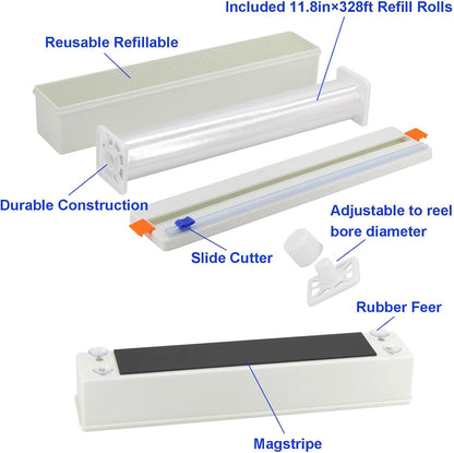 Household Reusable Refillable Plastic Wrap Dispenser with Slide Cutter, Food Wrap Stretch Clear Cling Wrap 12 Inch×328 Ft (1Cutting Box + 1 Cling Film)