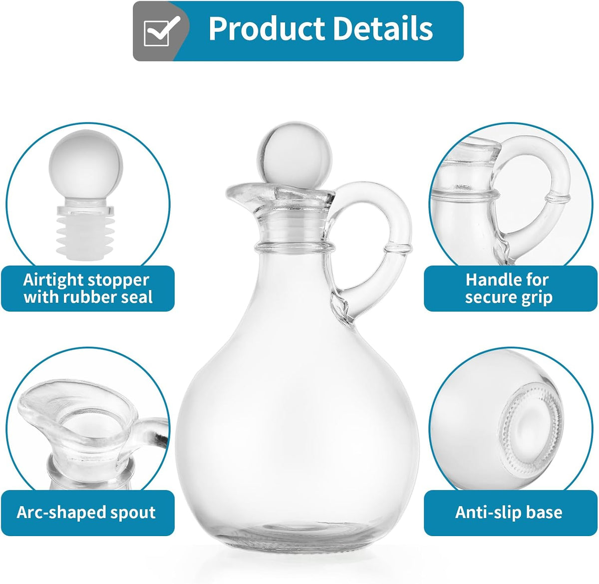 Clear Glass Oil and Vinegar Cruets, Salad Dressing Dispensers with Airtight Stoppers, Set of 2