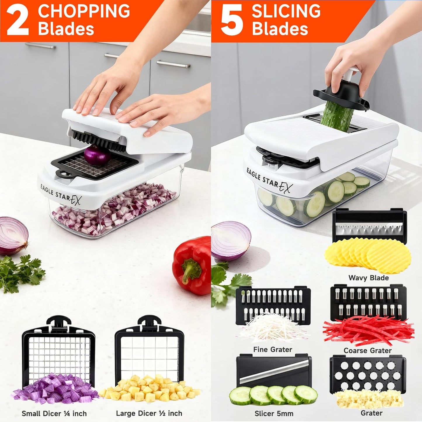 Vegetable Chopper Mandoline Slicer, Food Veggie Chopper, Cheese Grater, Onion Vegetable Cutter with Container, Dicer, Kitchen Gadgets & Essentials, White/black