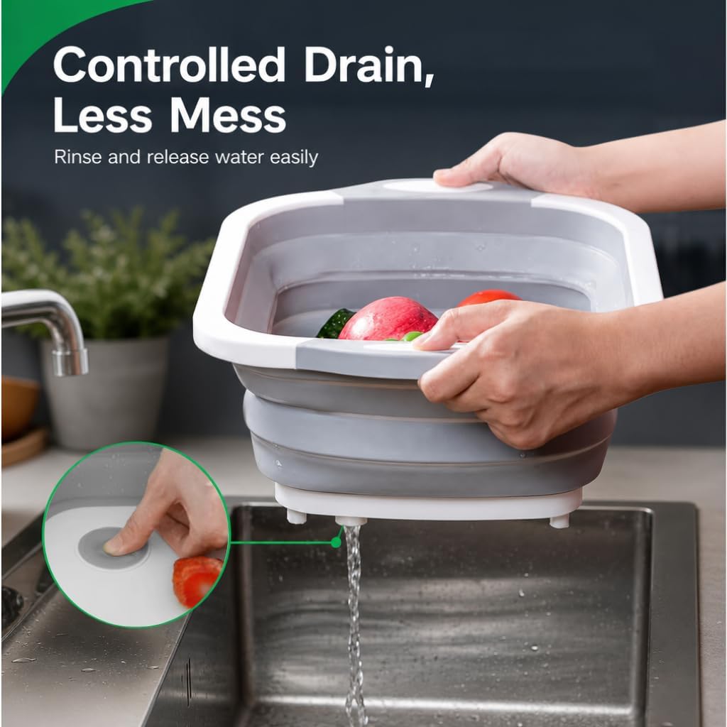 Collapsible Cutting Board & Wash Basin – 3-in-1 Foldable Kitchen Sink with Drain Plug – Portable Dish Tub for Kitchen & Camping