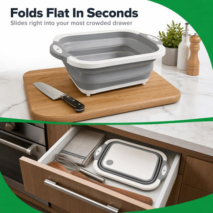 Collapsible Cutting Board & Wash Basin – 3-in-1 Foldable Kitchen Sink with Drain Plug – Portable Dish Tub for Kitchen & Camping