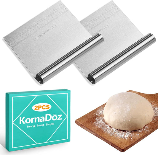 2 Pack Stainless Steel Dough Cutter & Pastry Scraper, Bench Knife with Measuring Scale, Multipurpose Food Chopper for Bread, Pizza & Cake, Professional Baking Tools