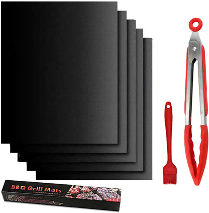 12-Inch BBQ Tongs with Silicone Tips, 5-Pack Non-Stick Fiberglass Grill Mats (400x330mm), and Silicone Basting Brush – Heat-Resistant, Food-Grade, Easy-Clean BBQ Accessories Set [Red]