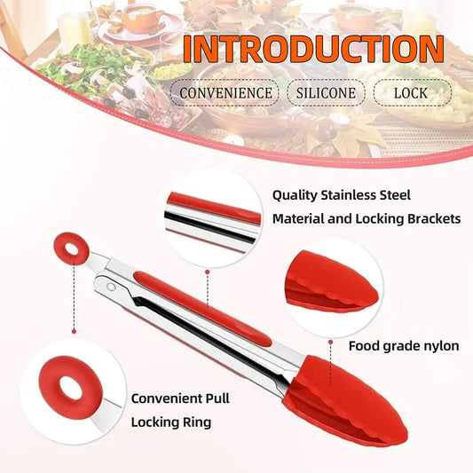12-Inch BBQ Tongs with Silicone Tips, 5-Pack Non-Stick Fiberglass Grill Mats (400x330mm), and Silicone Basting Brush – Heat-Resistant, Food-Grade, Easy-Clean BBQ Accessories Set [Red]