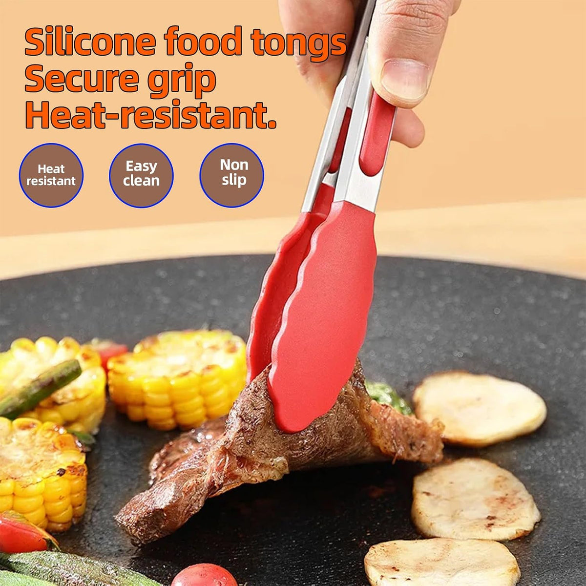 12-Inch BBQ Tongs with Silicone Tips, 5-Pack Non-Stick Fiberglass Grill Mats (400x330mm), and Silicone Basting Brush – Heat-Resistant, Food-Grade, Easy-Clean BBQ Accessories Set [Red]