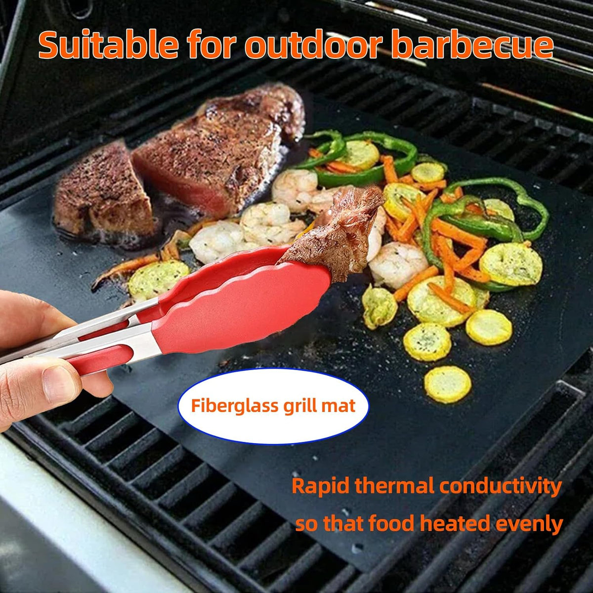 12-Inch BBQ Tongs with Silicone Tips, 5-Pack Non-Stick Fiberglass Grill Mats (400x330mm), and Silicone Basting Brush – Heat-Resistant, Food-Grade, Easy-Clean BBQ Accessories Set [Red]