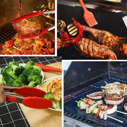 12-Inch BBQ Tongs with Silicone Tips, 5-Pack Non-Stick Fiberglass Grill Mats (400x330mm), and Silicone Basting Brush – Heat-Resistant, Food-Grade, Easy-Clean BBQ Accessories Set [Red]