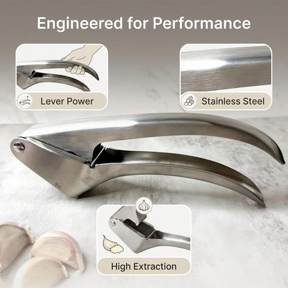 Stainless Steel Garlic Press, Garlic Ginger Crushing Tool, Silver | Ergonomic Handle, Easy to Squeeze Garlic Mincer,No Need to Peel Garlic Press
