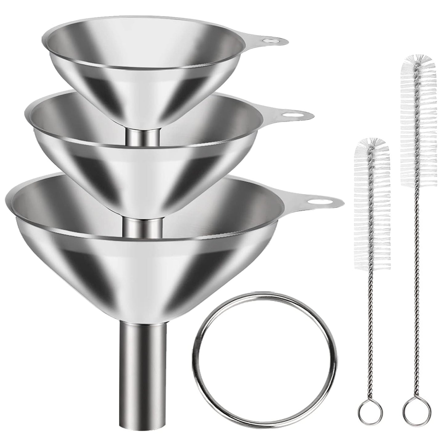 6 Pcs Stainless Steel Mini Funnels for Kitchen use. Large Tiny Small Funnel Set of 3, Metal Cooking Powder Food Grade Flask Funnels for Filling Bottles Liquor Water Spice, 2Pcs Cleaning Brushes
