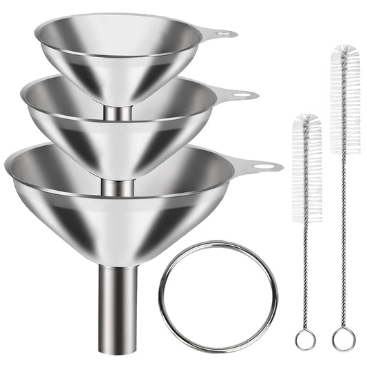 6 Pcs Stainless Steel Mini Funnels for Kitchen use. Large Tiny Small Funnel Set of 3, Metal Cooking Powder Food Grade Flask Funnels for Filling Bottles Liquor Water Spice, 2Pcs Cleaning Brushes