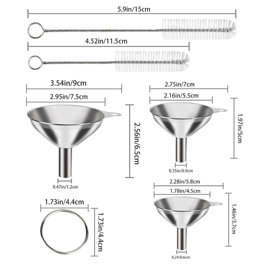 6 Pcs Stainless Steel Mini Funnels for Kitchen use. Large Tiny Small Funnel Set of 3, Metal Cooking Powder Food Grade Flask Funnels for Filling Bottles Liquor Water Spice, 2Pcs Cleaning Brushes