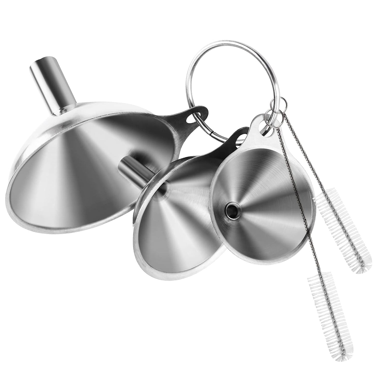 6 Pcs Stainless Steel Mini Funnels for Kitchen use. Large Tiny Small Funnel Set of 3, Metal Cooking Powder Food Grade Flask Funnels for Filling Bottles Liquor Water Spice, 2Pcs Cleaning Brushes