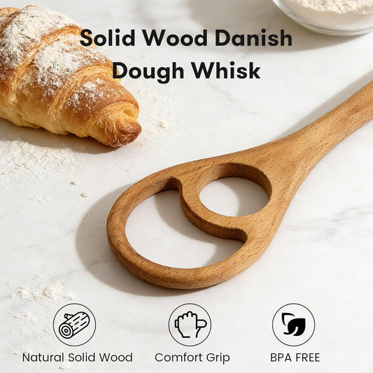 Wooden Danish Dough Whisk for Sourdough, One-Piece 2 Pack | 12.6-Inch Long Handle, Handcrafted From Natural Wood, Flow-Through Design Mixes Batter Evenly, Sturdy One-Piece Build