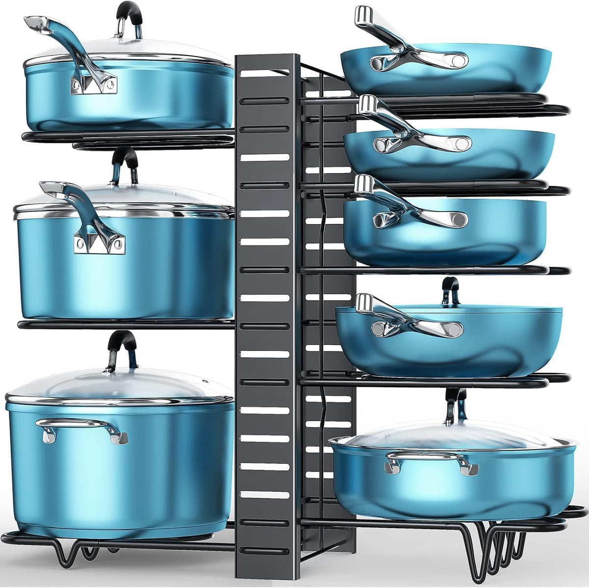 Pots and Pans Organizer Under Cabinet 16.6", 8-Tier Adjustable Rack | 3 DIY Modes, Tool-Free Assembly, Non-Slip, Fits Lightweight Cookware Up to 11", For Kitchen Cabinets, Shelves & Countertops