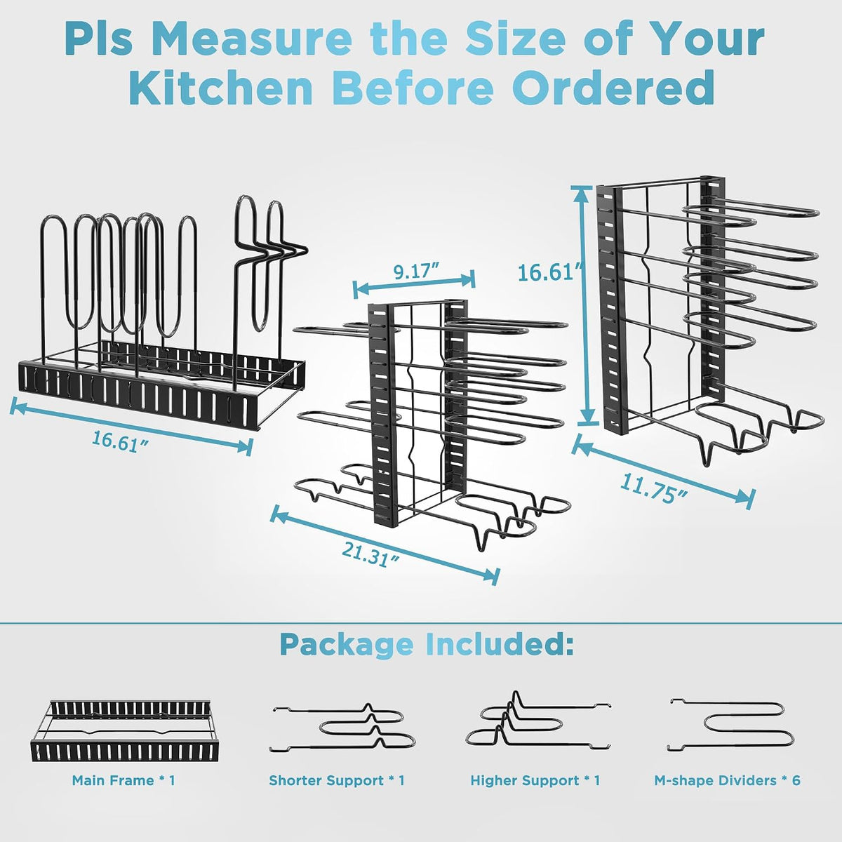 Pots and Pans Organizer Under Cabinet 16.6", 8-Tier Adjustable Rack | 3 DIY Modes, Tool-Free Assembly, Non-Slip, Fits Lightweight Cookware Up to 11", For Kitchen Cabinets, Shelves & Countertops