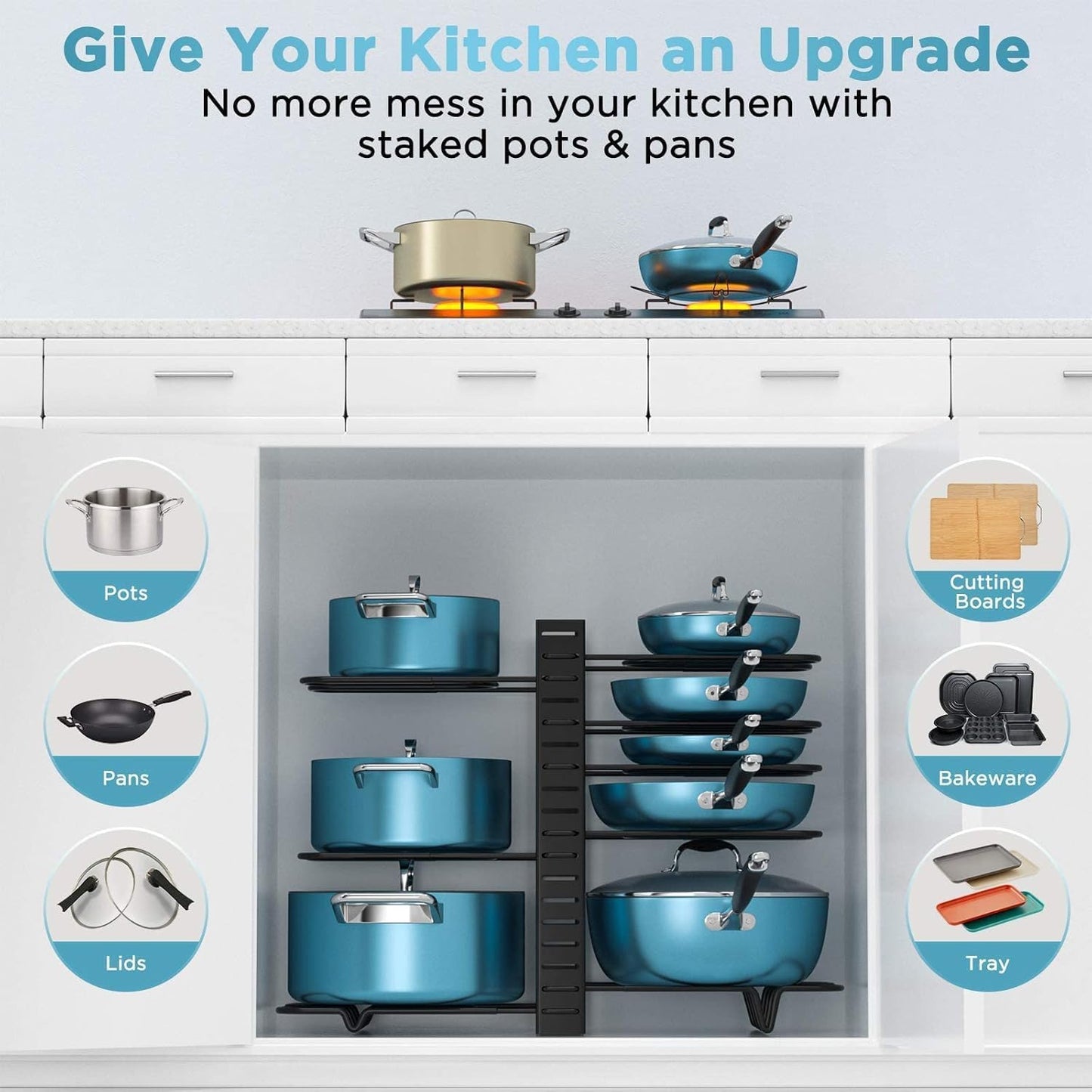 Pots and Pans Organizer Under Cabinet 16.6", 8-Tier Adjustable Rack | 3 DIY Modes, Tool-Free Assembly, Non-Slip, Fits Lightweight Cookware Up to 11", For Kitchen Cabinets, Shelves & Countertops