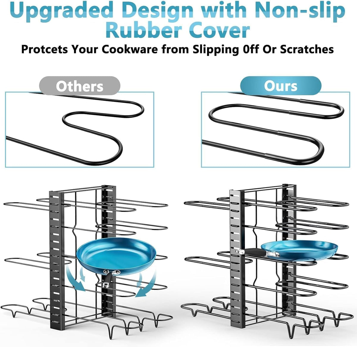 Pots and Pans Organizer Under Cabinet 16.6", 8-Tier Adjustable Rack | 3 DIY Modes, Tool-Free Assembly, Non-Slip, Fits Lightweight Cookware Up to 11", For Kitchen Cabinets, Shelves & Countertops