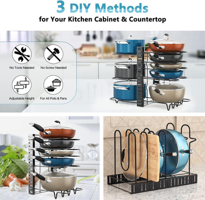 Pots and Pans Organizer Under Cabinet 16.6", 8-Tier Adjustable Rack | 3 DIY Modes, Tool-Free Assembly, Non-Slip, Fits Lightweight Cookware Up to 11", For Kitchen Cabinets, Shelves & Countertops