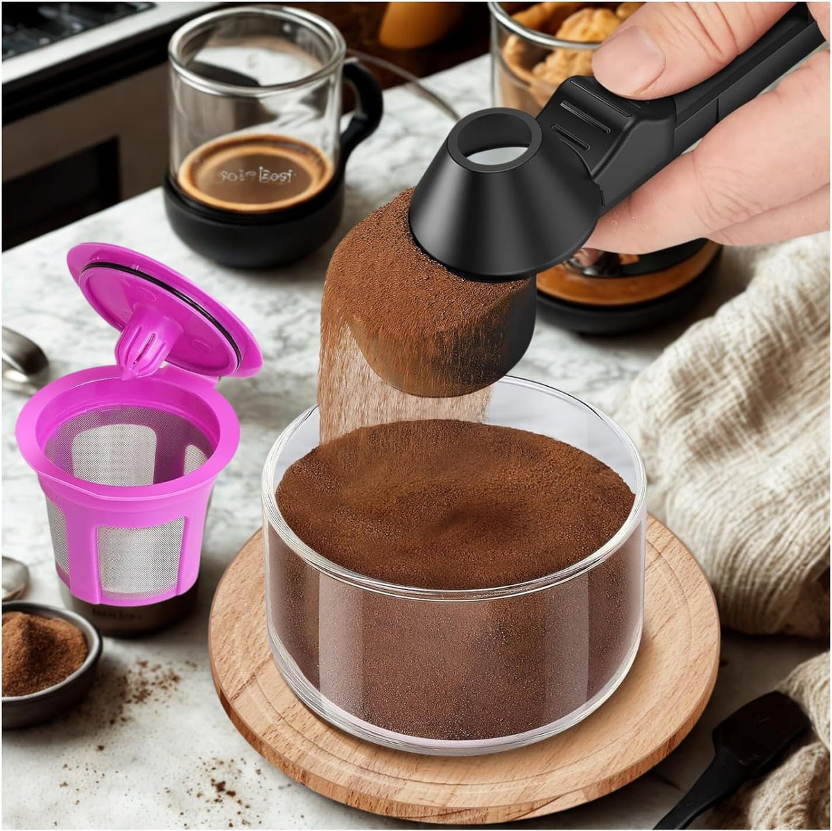 Coffee Scoop & Funnel for Reusable K Cup Pods – 2 Tablespoon Measuring Spoon for Ground Coffee, Protein Powder, and Tea – No-Spill Design, Ideal for Kitchen Storage (1, Black)