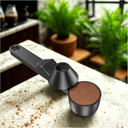 Coffee Scoop & Funnel for Reusable K Cup Pods – 2 Tablespoon Measuring Spoon for Ground Coffee, Protein Powder, and Tea – No-Spill Design, Ideal for Kitchen Storage (1, Black)