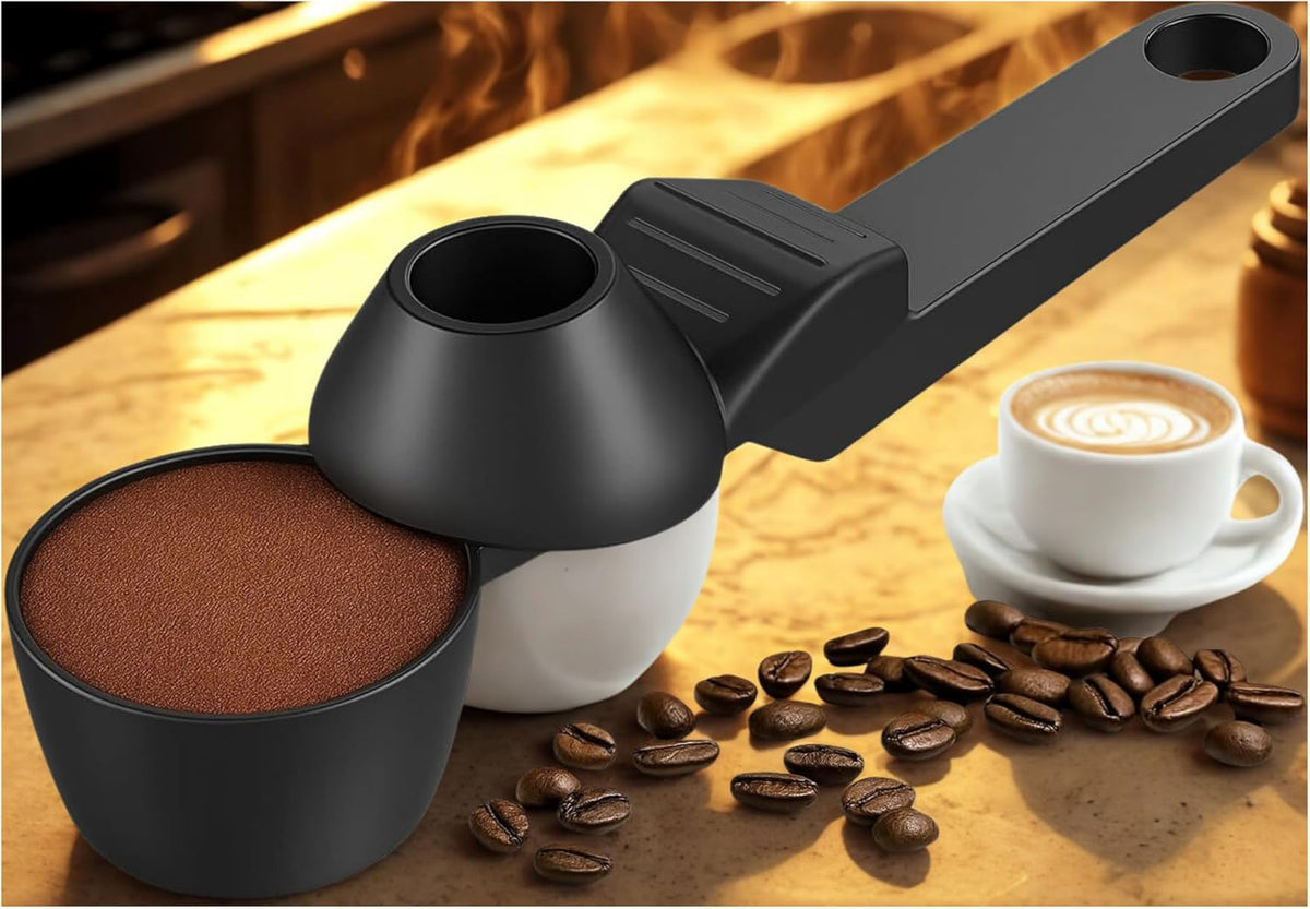 Coffee Scoop & Funnel for Reusable K Cup Pods – 2 Tablespoon Measuring Spoon for Ground Coffee, Protein Powder, and Tea – No-Spill Design, Ideal for Kitchen Storage (1, Black)