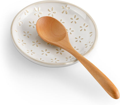 Ceramic Spoon Rest for Stove Top, Spoon Holder for Kitchen Counter | 4.8” Cooking Utensil Rest for Ladle, Spatula, Spoons, or Tongs, Modern Farmhouse Kitchen Décor, Dishwasher - 01, Series LYDIA