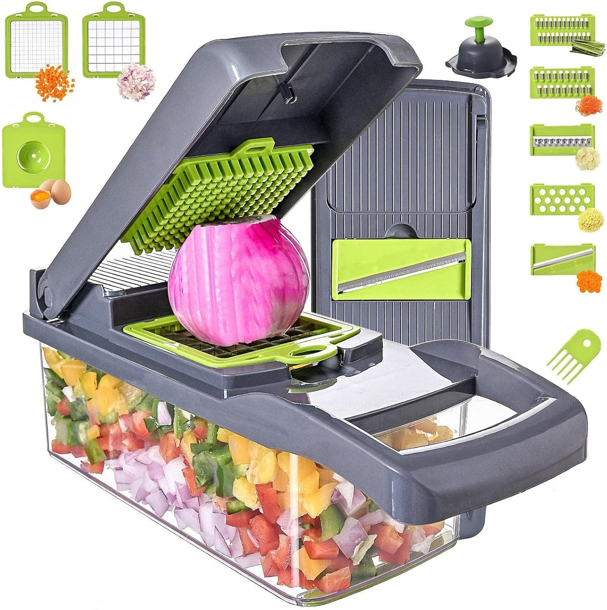 Vegetable Chopper with Container 13-in-1, 7 Blades Food Dicer Veggie Slicer | Onion, Tomato, Salad, Slap, Fruit Cutter with Sharp Stainless Steel Blades, All-in-One Kitchen Prep Tool