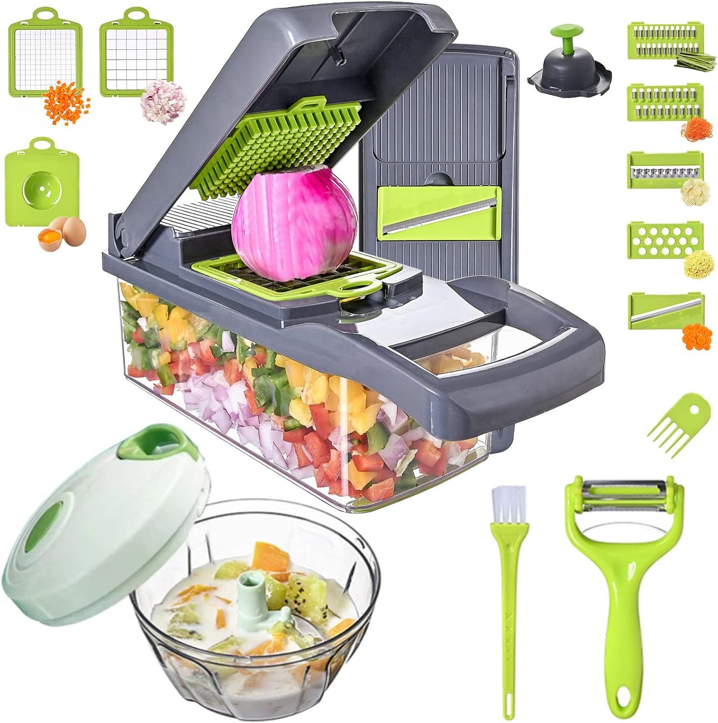 Vegetable Chopper with Container 13-in-1, 7 Blades Food Dicer Veggie Slicer | Onion, Tomato, Salad, Slap, Fruit Cutter with Sharp Stainless Steel Blades, All-in-One Kitchen Prep Tool