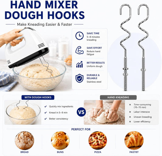 KHM512 Dough Hooks for Hand Mixer, Replacement Compatible with KitchenAid KHM/5KSM/KSM/KSMO/KSMH Series, Heavy-Duty Stainless Steel Attachments for Making Bread & Pizza Dough (2 Pack)