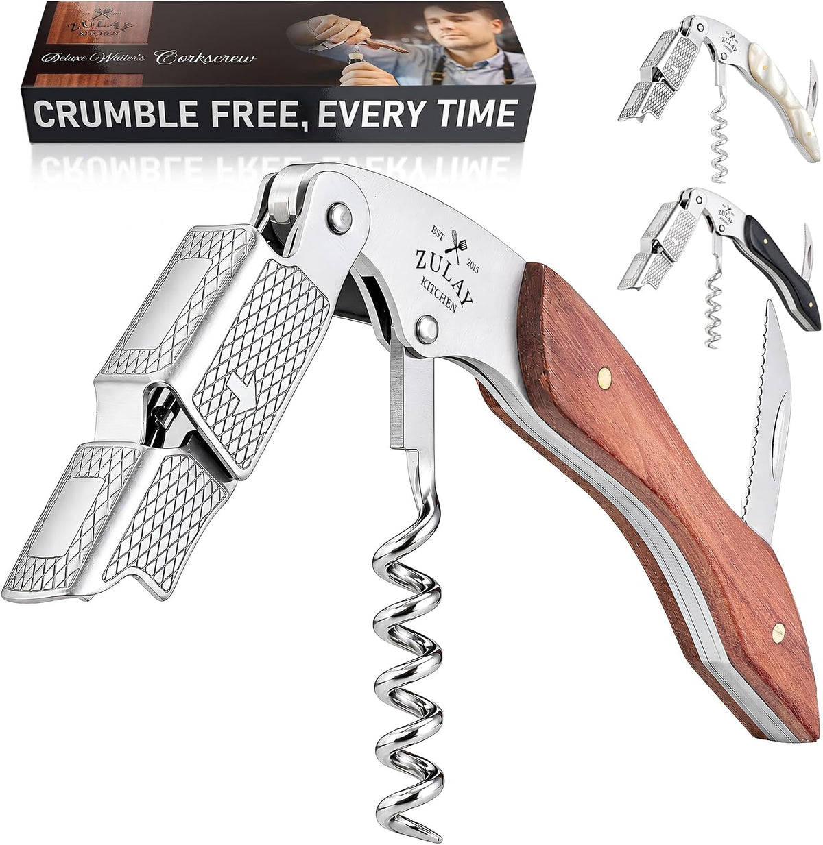 Corkscrew Wine Opener - Premium 420 Stainless Steel & Rosewood Wine Bottle Opener - Double Hinged Opener with Foil Cutter & Cap Remover - Rosewood