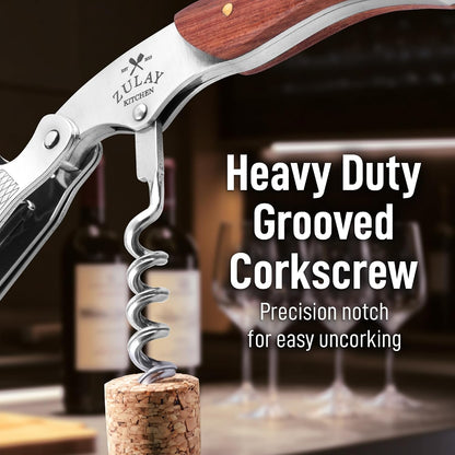 Corkscrew Wine Opener - Premium 420 Stainless Steel & Rosewood Wine Bottle Opener - Double Hinged Opener with Foil Cutter & Cap Remover - Rosewood