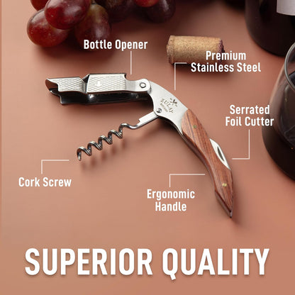 Corkscrew Wine Opener - Premium 420 Stainless Steel & Rosewood Wine Bottle Opener - Double Hinged Opener with Foil Cutter & Cap Remover - Rosewood