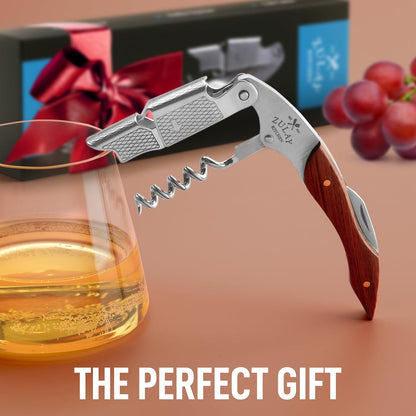 Corkscrew Wine Opener - Premium 420 Stainless Steel & Rosewood Wine Bottle Opener - Double Hinged Opener with Foil Cutter & Cap Remover - Rosewood