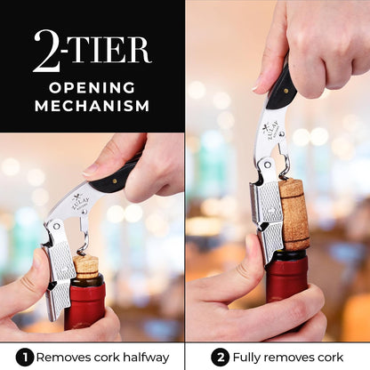 Corkscrew Wine Opener - Premium 420 Stainless Steel & Rosewood Wine Bottle Opener - Double Hinged Opener with Foil Cutter & Cap Remover - Rosewood