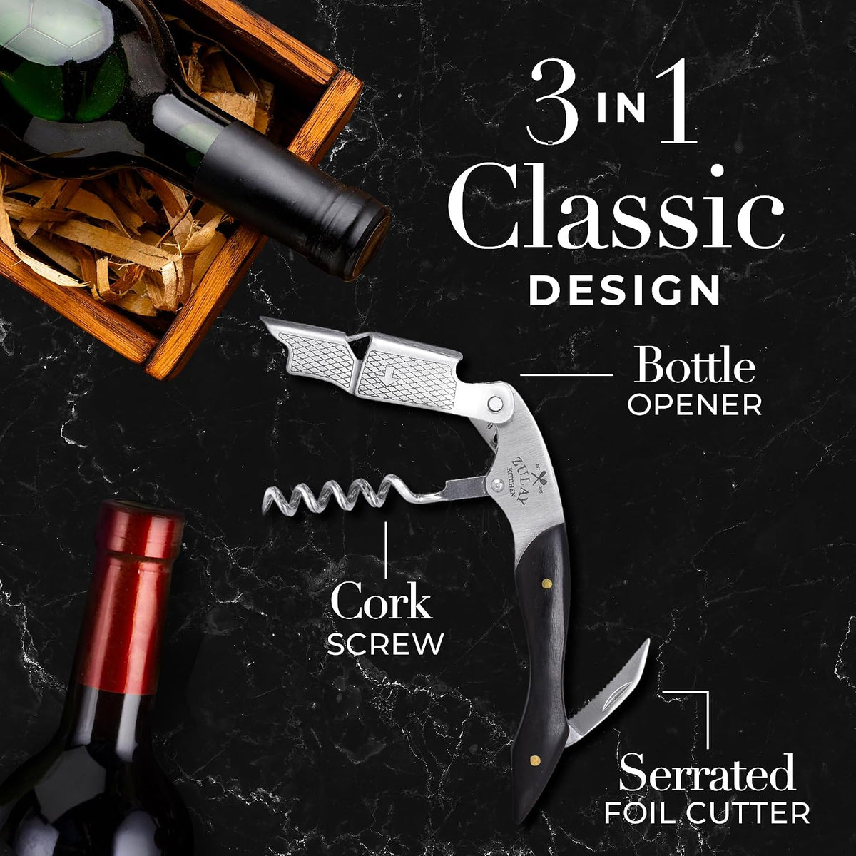 Corkscrew Wine Opener - Premium 420 Stainless Steel & Rosewood Wine Bottle Opener - Double Hinged Opener with Foil Cutter & Cap Remover - Rosewood