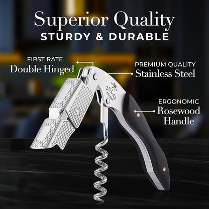 Corkscrew Wine Opener - Premium 420 Stainless Steel & Rosewood Wine Bottle Opener - Double Hinged Opener with Foil Cutter & Cap Remover - Rosewood