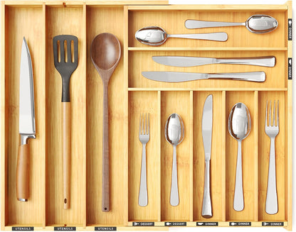 Bamboo Silverware Drawer Organizer with Labels, Kitchen Utensil Expandable Tray Holder Organizer for Flatware, Cutlery, Spoon and Knives Drawer Storage Organization (Natural, 10 Slots)