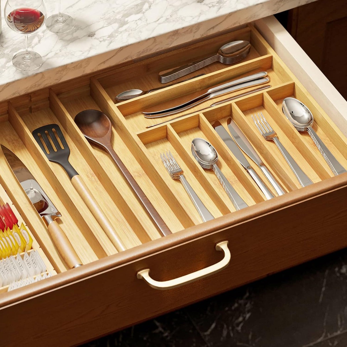Bamboo Silverware Drawer Organizer with Labels, Kitchen Utensil Expandable Tray Holder Organizer for Flatware, Cutlery, Spoon and Knives Drawer Storage Organization (Natural, 10 Slots)