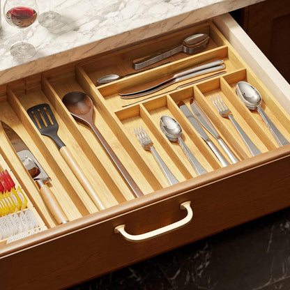 Bamboo Silverware Drawer Organizer with Labels, Kitchen Utensil Expandable Tray Holder Organizer for Flatware, Cutlery, Spoon and Knives Drawer Storage Organization (Natural, 10 Slots)