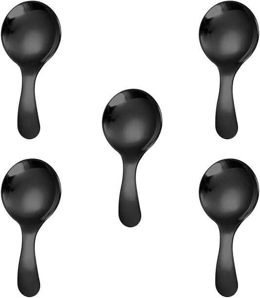 5PCS Short Handle Spoon, Stainless Steel Mini Spoons Thickened Small Round Spoon For Salt Condiments Dessert Tea Coffee (Black)